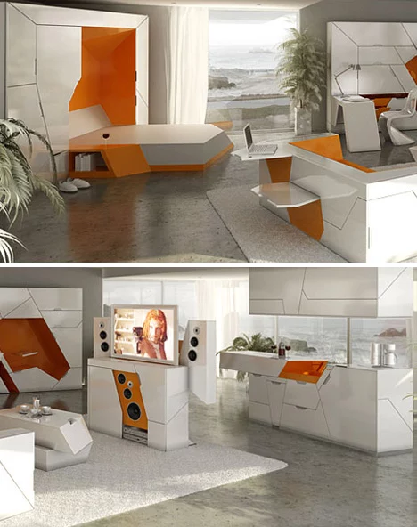 balti, oranžiniai moduliniai baldai
